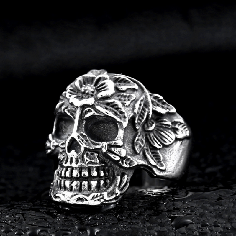 Bague-Tete-De-Mort-Fleuri